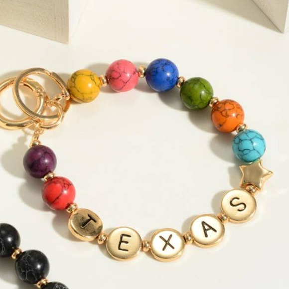 Multicolor Semi-Precious Natural Stone Beaded 'Texas' State Keychain Bracelet - Picture 2 of 3